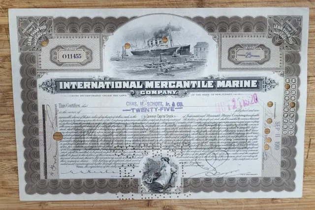 Stock Certificate International Mercantile Marine Brown 25 Shares Built Titanic