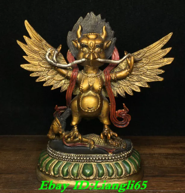 Old Tibet Bronze Gilt Painting Redpoll Winged Garuda Bird Eagle Buddha Statue