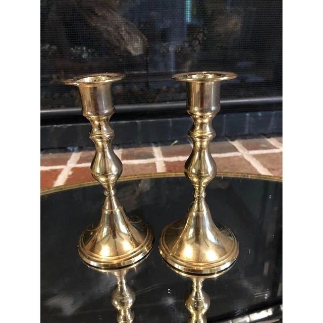stunning pair of vintage gold brass  candlestick holders 5.5 in tall each