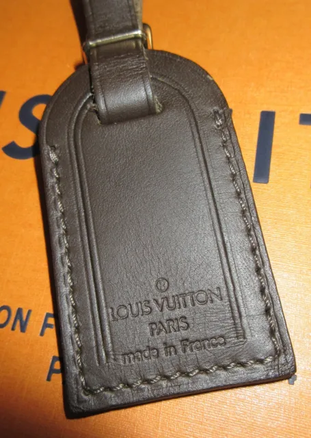 Louis Vuitton Small Black Leather Luggage Tag with brass hw Stamped T.K on  back 