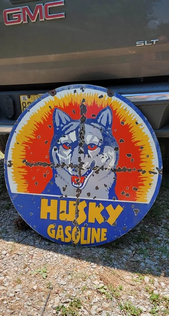 porcelain HUSKY GASOLINE double sided vintage advertising gas station sign