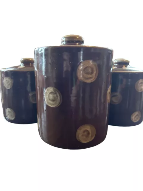 MA Hadley Stoneware Pottery Vintage Hot Brown Fleck Canister Set (3) Rare