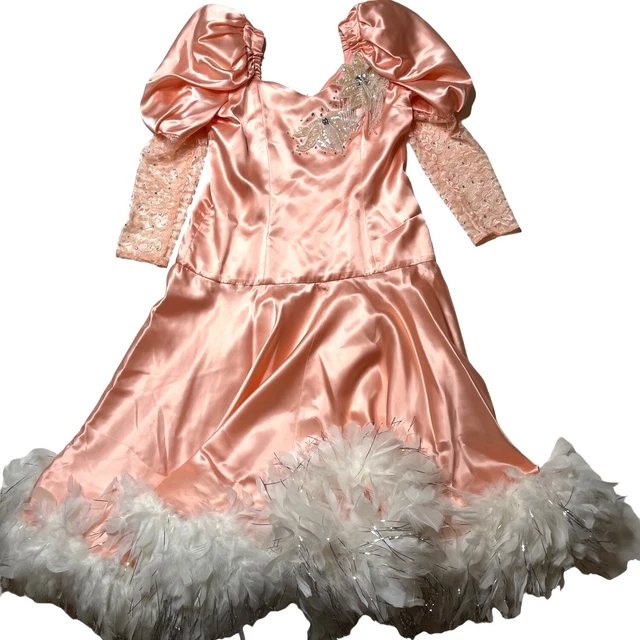 Ballroom Dance Costume Dress Pink Satin Lace Sleeves Feather Trim Competition M