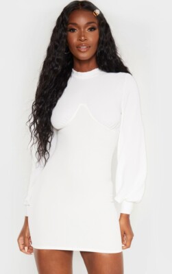 NWT Ladies Pretty Little Thing White Balloon Sleeve Ruched Bust Bodycon Dress 16