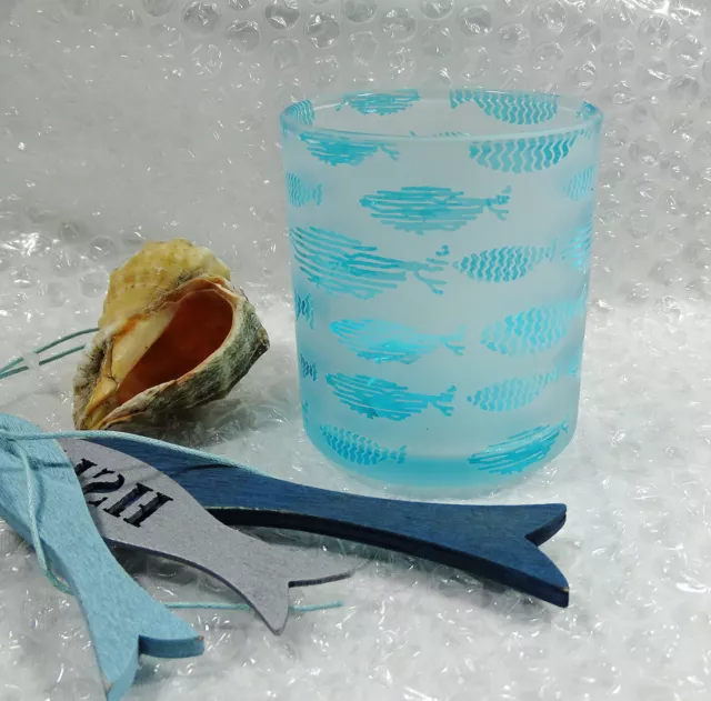 Teelichthalter maritim*Glas w-türkis*Deko-Glas*Fisch*Kerzenglas*7x7,5 Windlicht