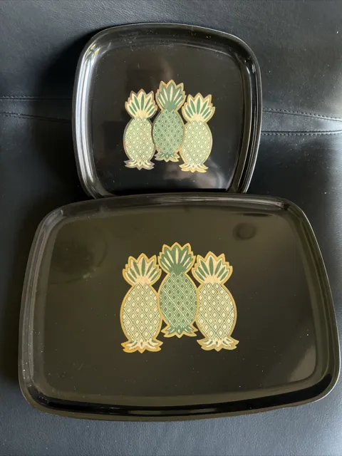 Vintage MCM Couroc of Monterey Pineapple Tray Black Lacquer Gold Inlay X 2