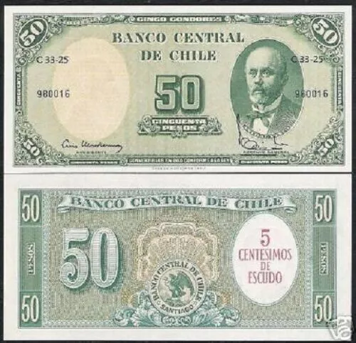 Chile 5 Cent on 50 Pesos P-126 1960 Pinto UNC Chilean World Currency Money Bill