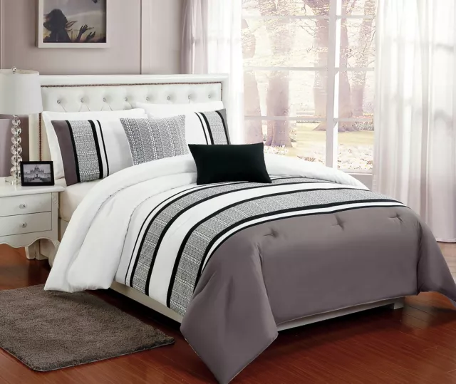 5 PC Grey, White & Black Comforter Set w/ Burnout Lace Design, Full Queen King