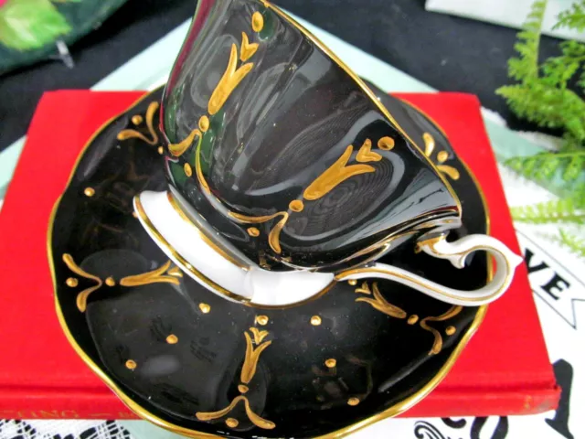 ROYAL ALBERT tea cup and saucer black and Raised gold gilt avon shape teacup 40s