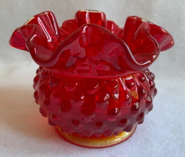Vintage Fenton Hobnail Ruby Red Cranberry Ruffled Glass Vase - 2.75” tall
