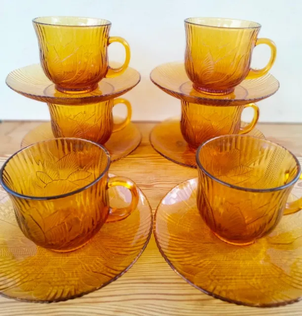 Vintage Amber Floral Pressed Glass Tea Cups And Saucers X 6 EXC