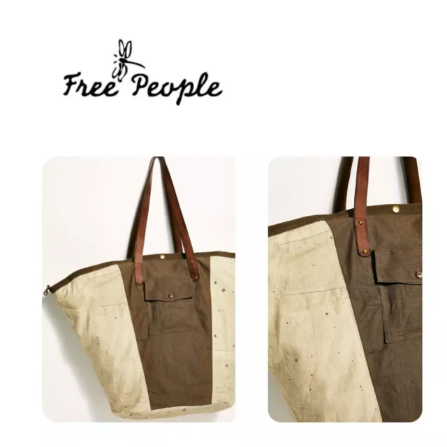 🆕️FREE PEOPLE TOTE Hideaway Oversize Canvas Leather Straps Shoulder Bag Purse