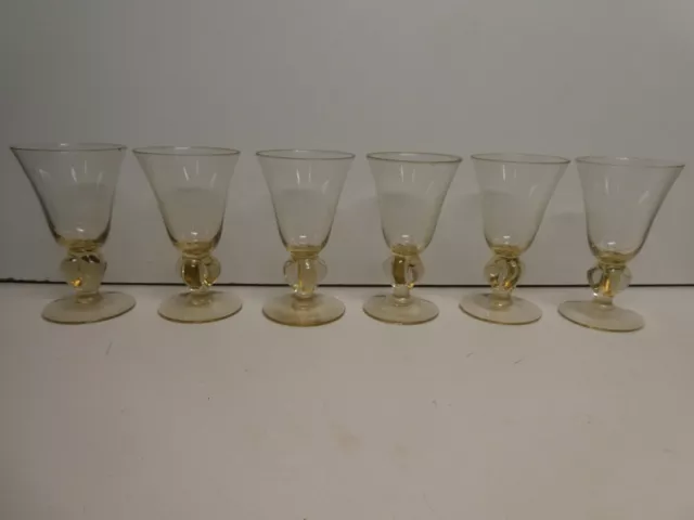 6 Murano Small Crystal Stem Wine Hock Glasses Light Gold Champagne Amber Colour