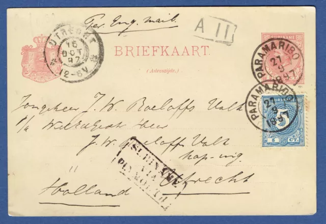 Suriname 1897. Uprated St. Postcard To Netherlands. Suriname Via Plymouth.