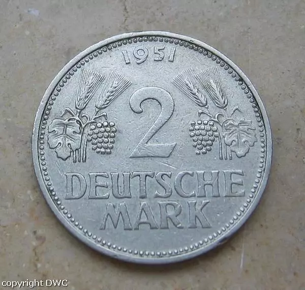 Coin Münze 2 Mark 1951 D Trauben und Ähren Jäger 386 Cu Ni Sammlermünze