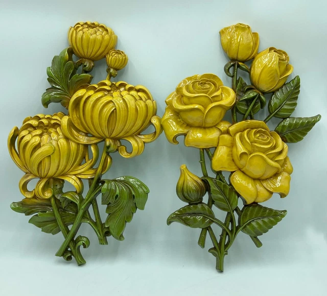 Vtg Pair Mid Century Syroco MCM Wall Art Yellow Rose and Mum Flower 18"