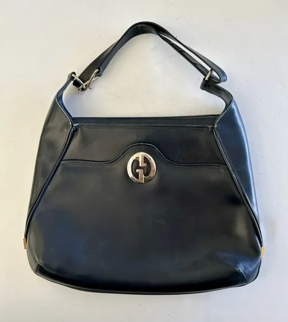 Vintage Old Gucci Leather Shoulder Bag Crossbody GG Logo Black Made in Italy