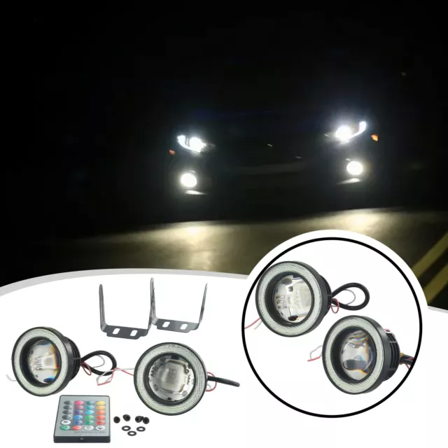 2PCS 3 RGB LED Fog Lamps with Ice Blue COB Halo Rings and Wireless Control