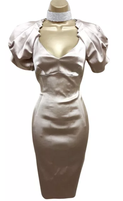 Size 10 UK KAREN MILLEN Champagne  Satin Puff Sleeve Galaxy Wiggle Pencil Dress