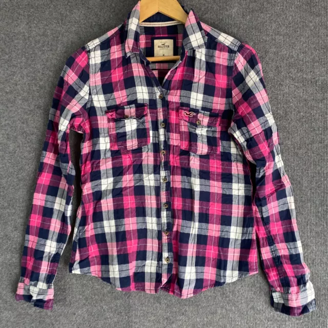 Hollister Button Up Shirt Womens Medium Pink Black Plaid Lumberjack Collared