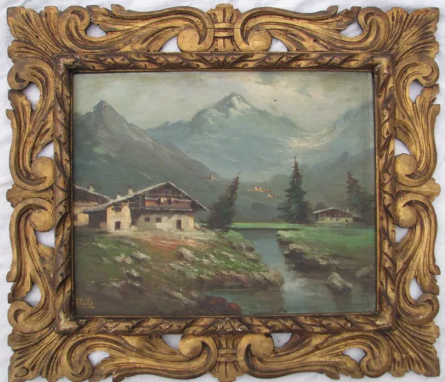 Paesaggio d'alta montagna con baita Olio tavola 40x50 primi '900 firma A.MAURI