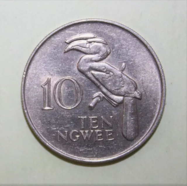 S11 - Zambia 10 Ngwee 1968 Almost Uncirculated + Coin - Crowned Hornbill