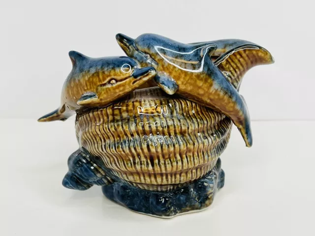 Ceramic Bowl Planter Dolphins Conch Shell Monterey California Glazed Blue Beach