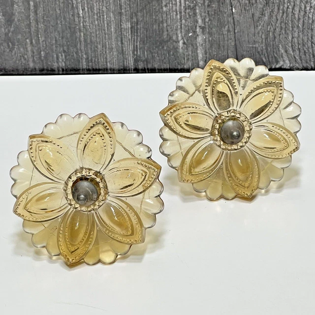 Pair Pale Amber Pressed Sandwich Glass Tie Backs Flowers