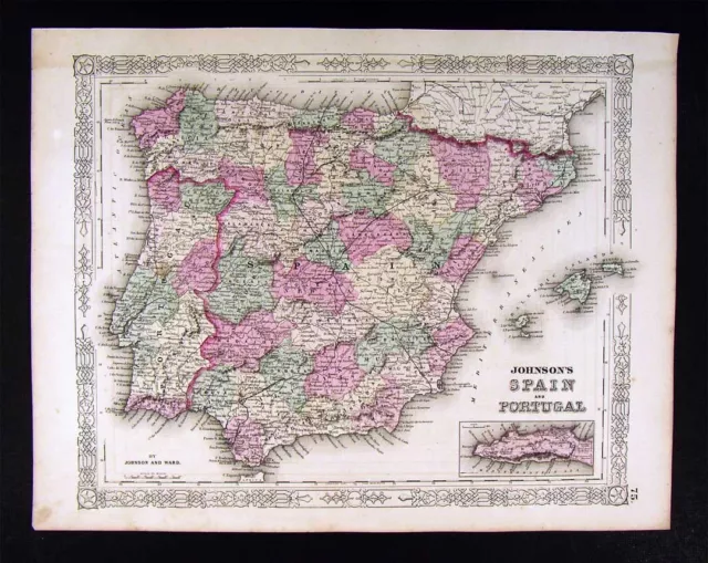1863 Johnson Map Spain & Portugal Gibraltar Lisbon Madrid Barcelona Leon Europe