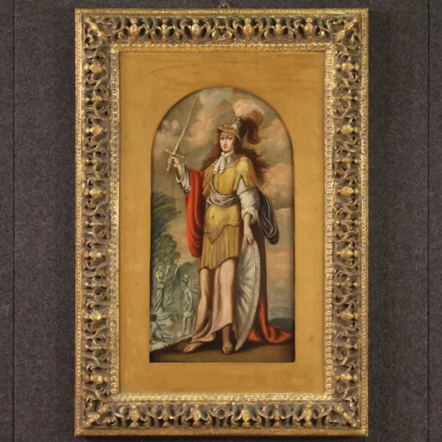 Pintura antigua oleo sobre tabla femme forte Déborah marco dorado siglo XVII
