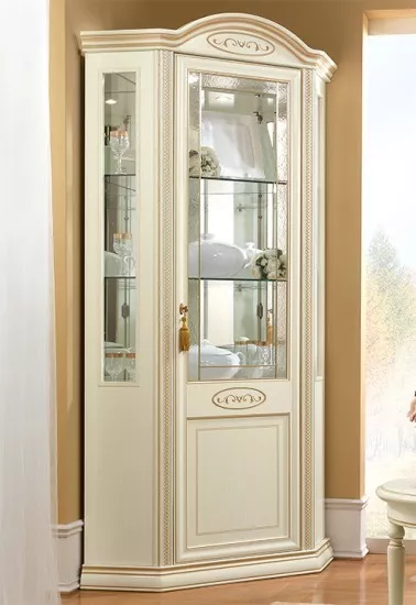 Eck-Vitrine Eckschrank Beige Massivholz Stil Klassisch Italienische Stilmöbel