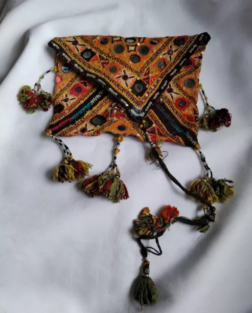 Vintage Gujarati Handmade Embroidered Purse Shisha Mirrorwork Indian Purse / Bag