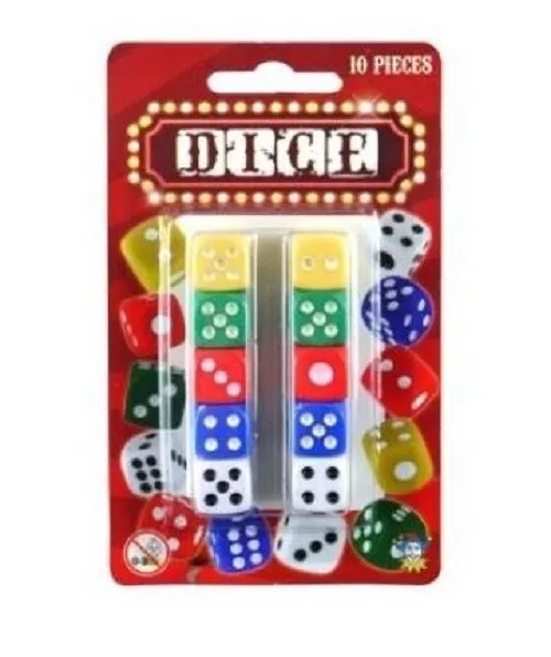 Six Sided Dice Set - Pack of 10 - Coloured Dice Game - 5 colours - D6