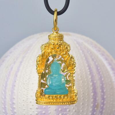 Buddha Statue Gold Vermeil Sterling Pagoda Blue Chalcedony Pendant Amulet 15.28g