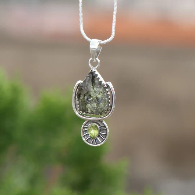 Czech Moldavite With Peridot 925 Sterling Silver Handmade Pendant