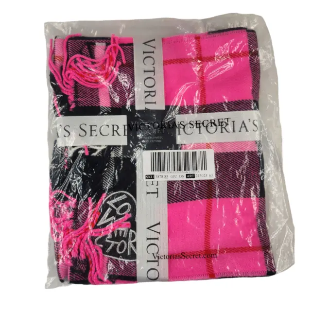 Pink Black Plaid Scarf Victorias Secret Limited Edition Sparkly Fringe Brand New