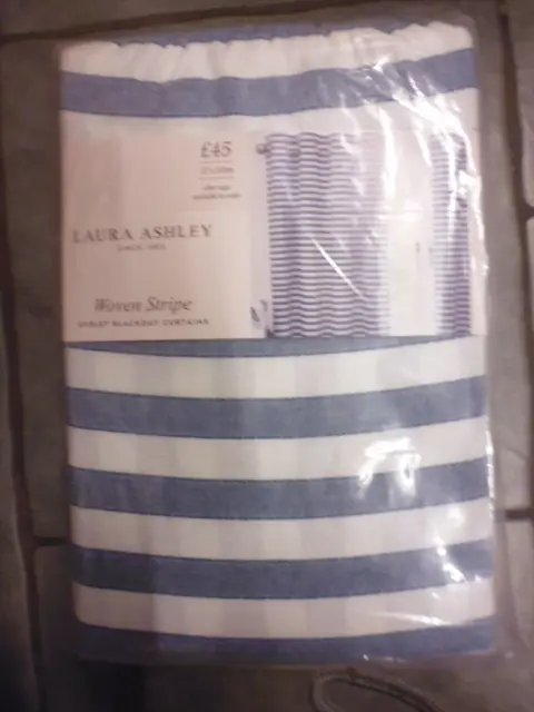 Laura Ashley Woven Blue and White Striped Eyelet Blackout Curtains 117cm x 137cm