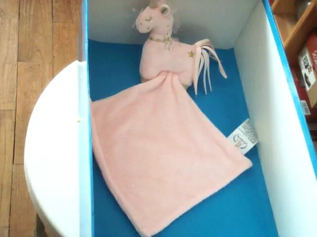 Doudou 6296 / Licorne "Mots D'enfants" Mouchoir Rose/Dore - Neuf Avec Crochet