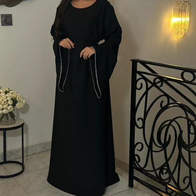 Maxi abito donna musulmana strass scollo a O caftano abaya sciolto Dubai partito islamico