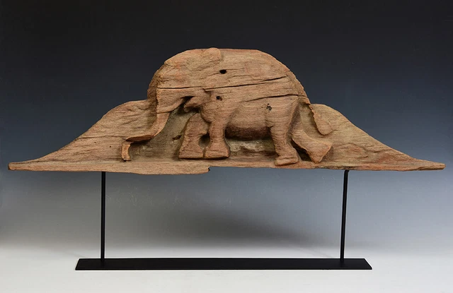 19th Century, Mandalay, Antique Burmese Wood Carving Panel with Animal Elephant