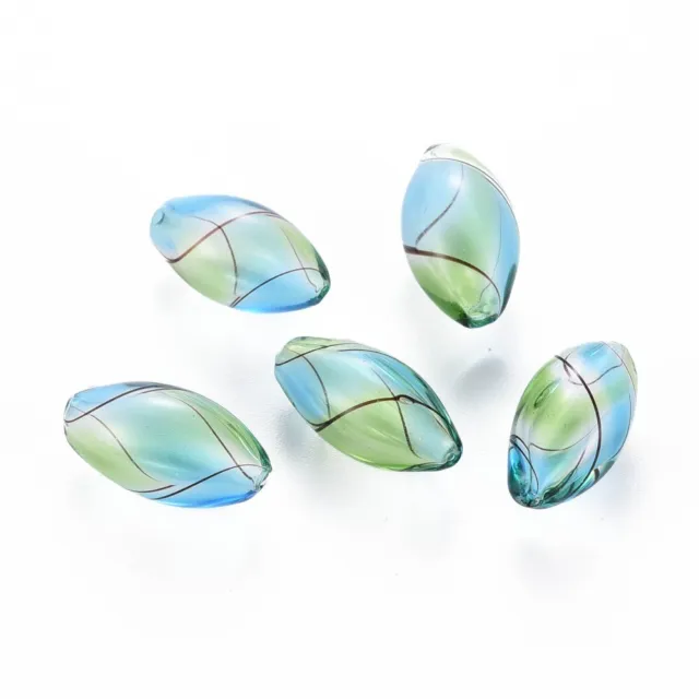 5 Lampwork Handmade Hollow Glass Oval Beads - Blue Green - 18mm x 10mm - P01619