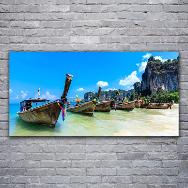 Tableau Déco Sur Verre - Impression Paysage Marin Avec Bateau - Format 120x60cm - Style Moderne