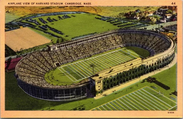 Linen Postcard Airplane View of Harvard Stadium Cambridge, Massachusetts~135707