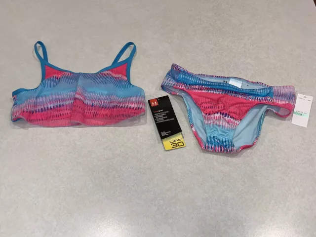 Under Armour Girl’s Two Piece Bikini Swim Suit Set Size 8 Tie Dye Pink Blue NWT