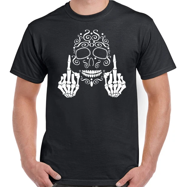 Sugar Skull Middle Finger Mens Day Of The Dead T-Shirt Motorbike Bike Biker Goth