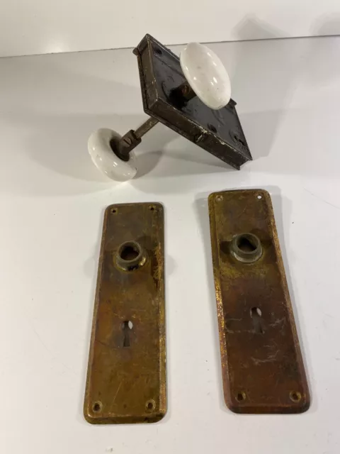 Antique Norwalk Lock Co Mortise Porcelain Door Knobs Brass Cover Plates Back