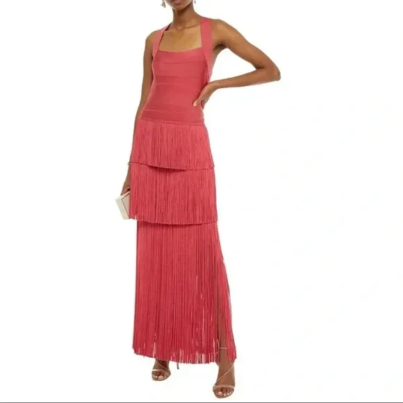 HERVE LEGER TIERED Fringed Gown Burnt Rose Bodycon Dress Prom Wedding ...