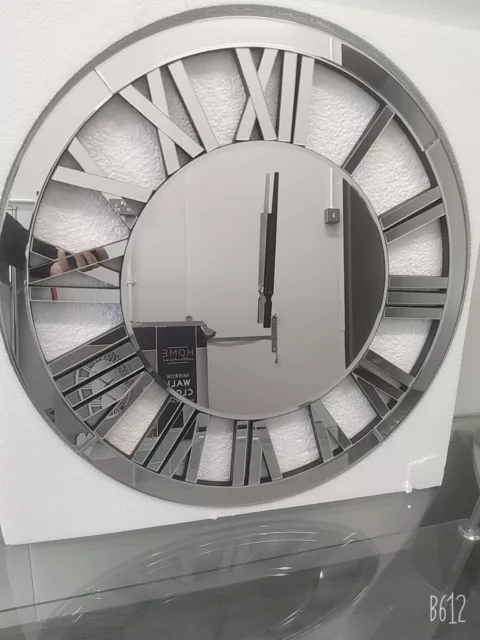 60cm Mirrored WALL CLOCK LARGE Roman Numeral Silver Finish Modern Decorative