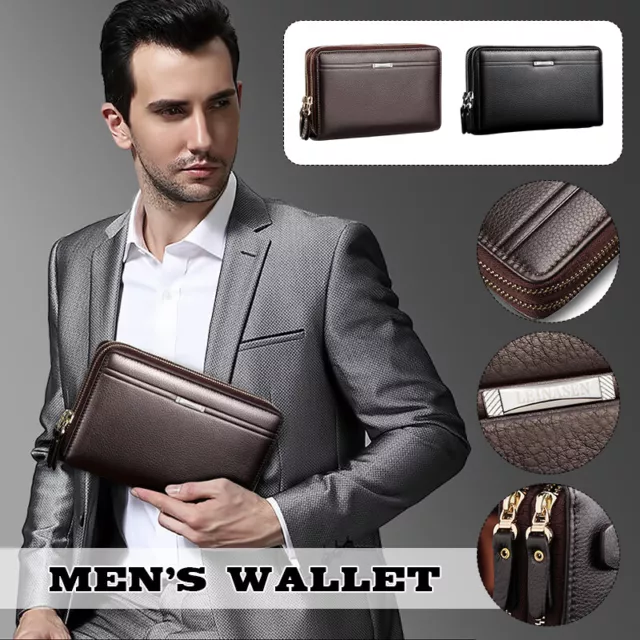 Men's Long Wallet Leather Zipper Large Phone Holder Bag Business Clutch Handbag