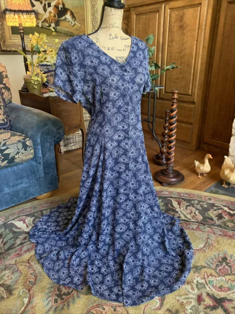 90’s Vintage Button Front Maxi Dress Navy White Dot Academia Cottage 10 38” 51”